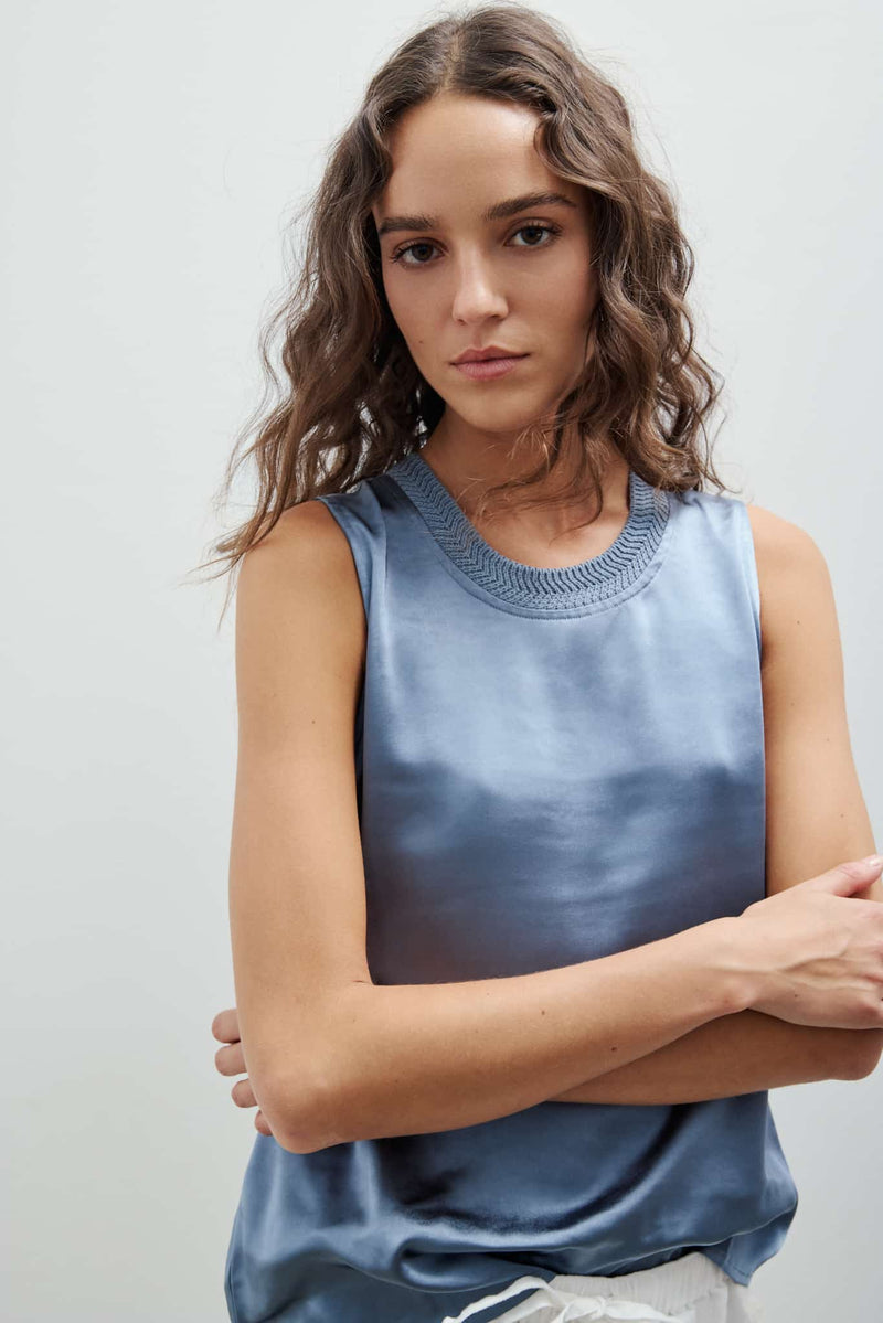 Melissa Nepton Kinsley sleeveless top in new york blue with soft sheen fabric and ribbed neckline, front view at Lemonberry