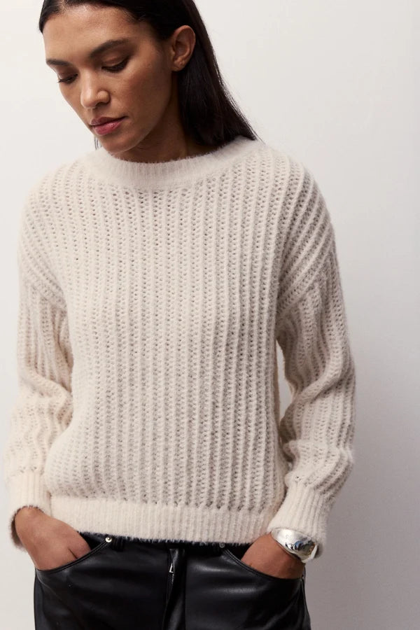 Melissa Nepton Lishan cream open-knit long sleeve sweater on model