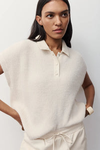 Melissa Nepton Lydie cream short sleeve polo sweater, front view