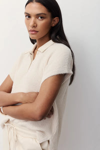 Melissa Nepton Lydie cream short sleeve polo sweater, side view