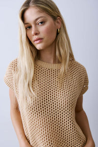 Close-up of beige open knit fabric on Melissa Nepton Nolan top