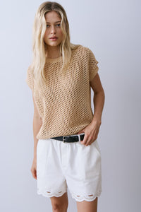 Melissa Nepton Nolan open knit short sleeve top in beige with relaxed fit