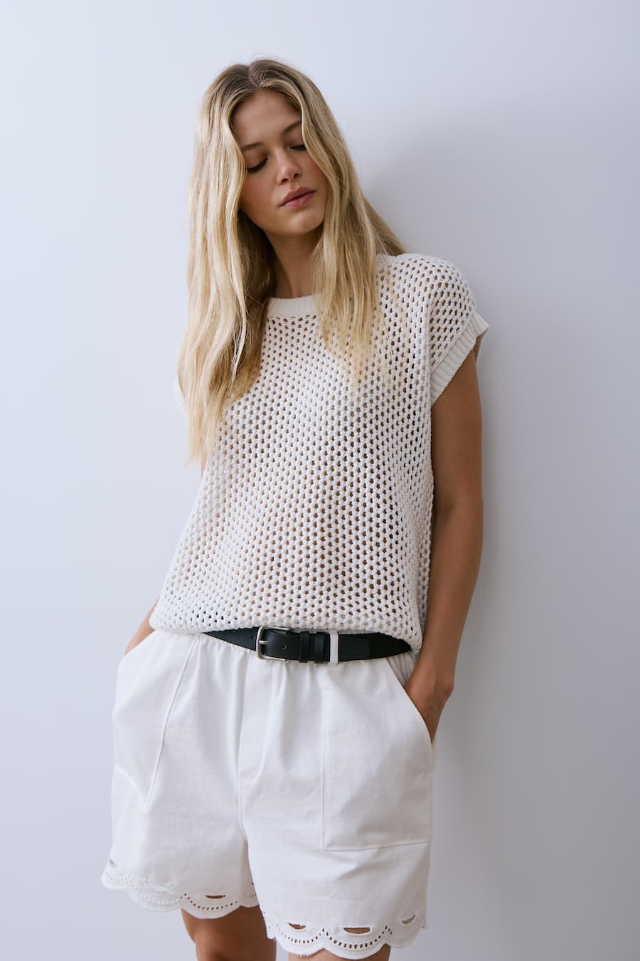 Melissa Nepton Nolan open knit short sleeve top in off white, relaxed fit summer knit