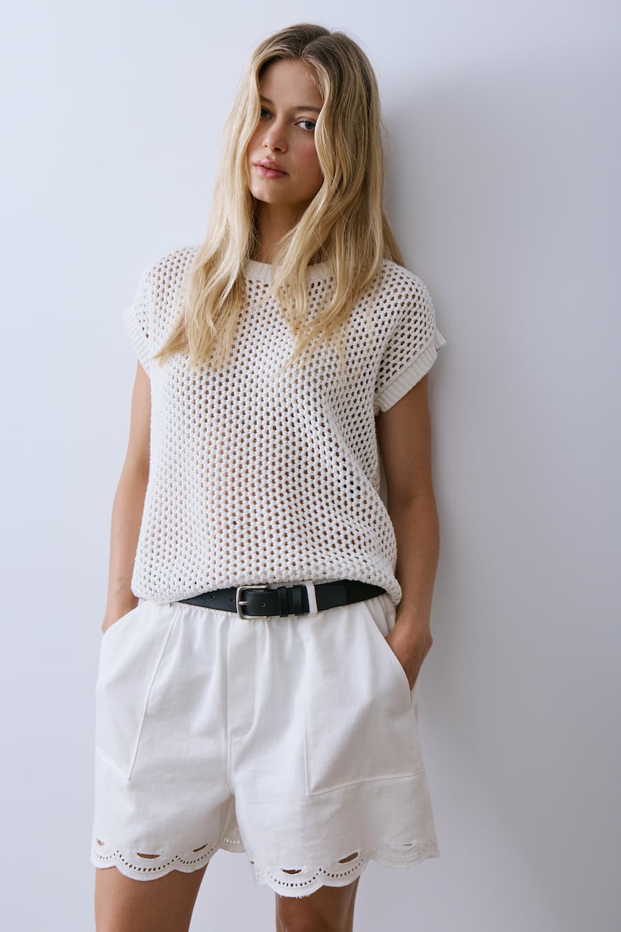 Melissa Nepton Nolan off white knit top styled with white shorts