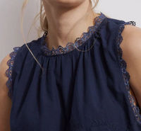 Navy blue sleeveless top with lace details on a plain background