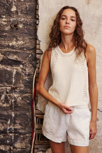 Melissa Nepton River sleeveless knit in Off White with textured open stitch detail, styled with linen shorts at Lemonberry Aurora