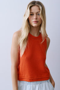 Melissa Nepton River sleeveless knit in Red, angled view highlighting breathable cotton texture at Lemonberry Aurora