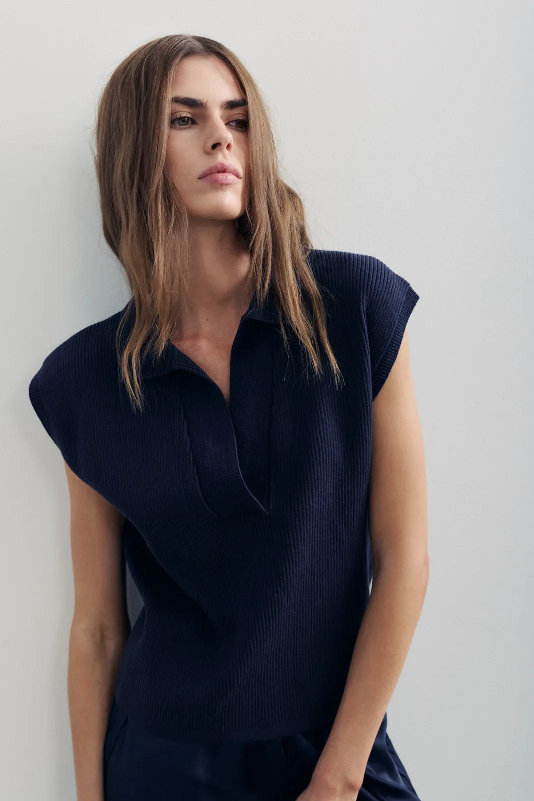 Melissa Nepton Roxy navy cap sleeve collared top, front view