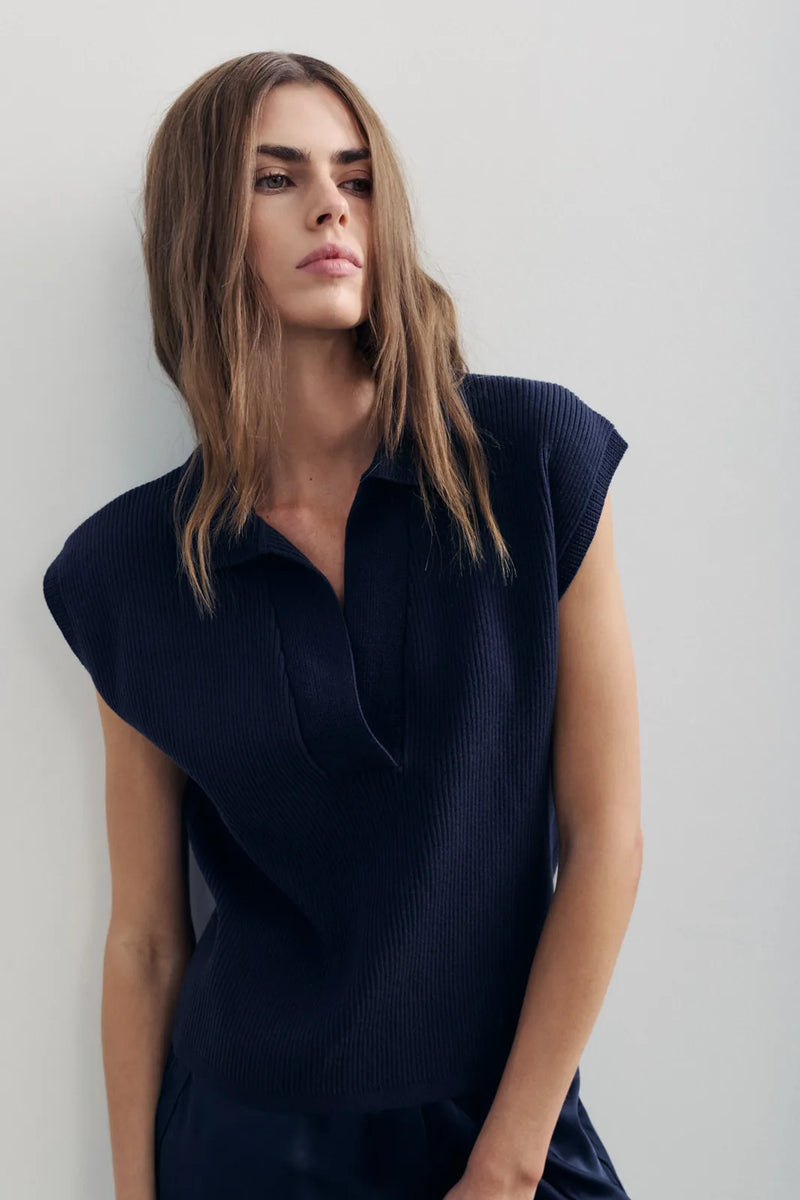 Melissa Nepton Roxy navy cap sleeve collared top, front view