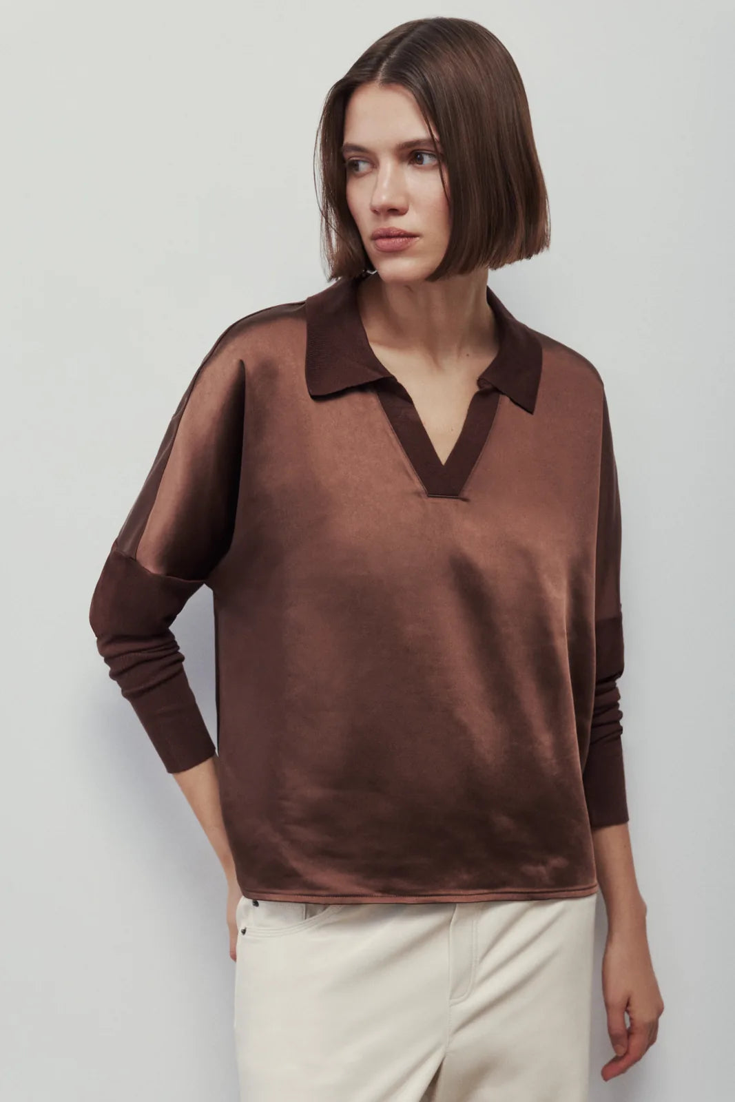 Melissa Nepton Tina brown collared long sleeve top, front view