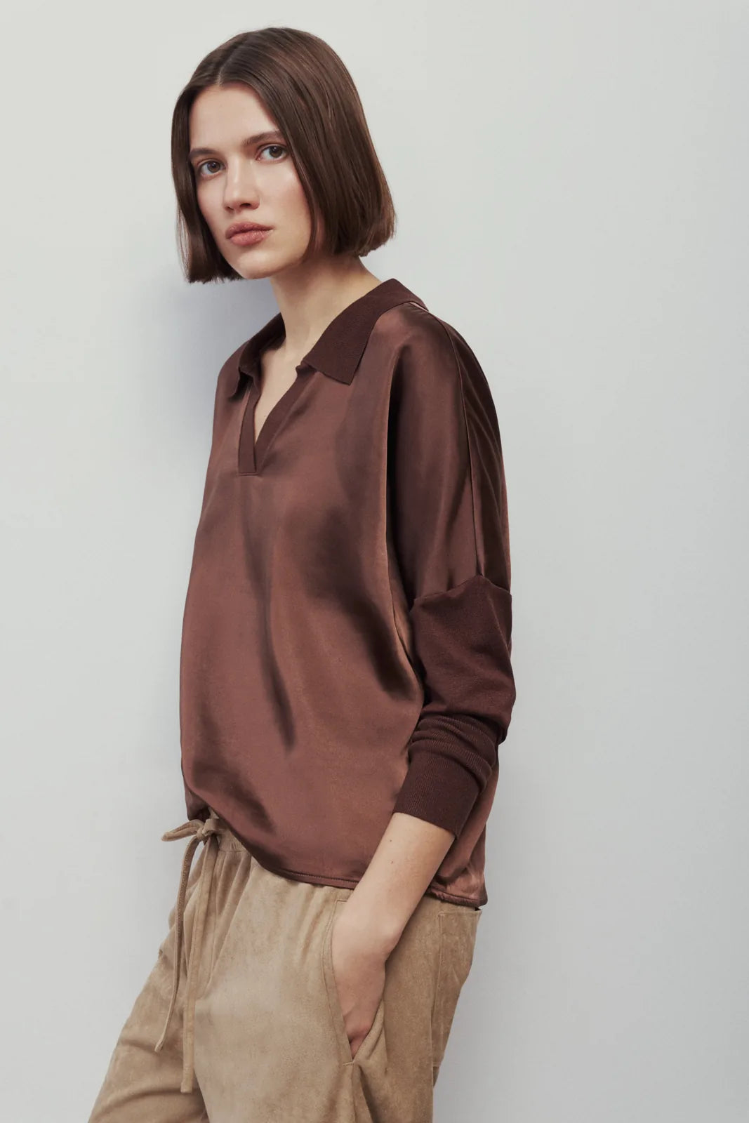 Melissa Nepton Tina brown collared long sleeve top, side view