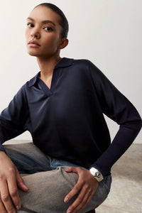 Melissa Nepton Tina dark navy collared long sleeve top, front view