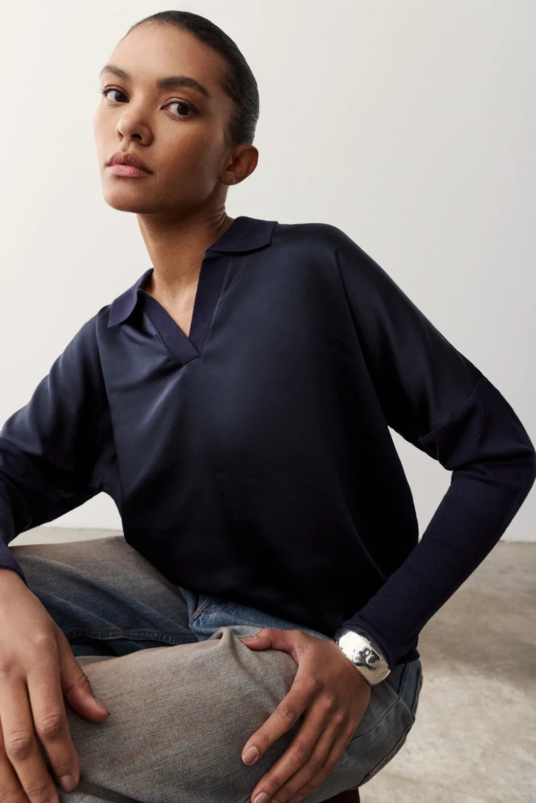 Melissa Nepton Tina dark navy collared long sleeve top, front view