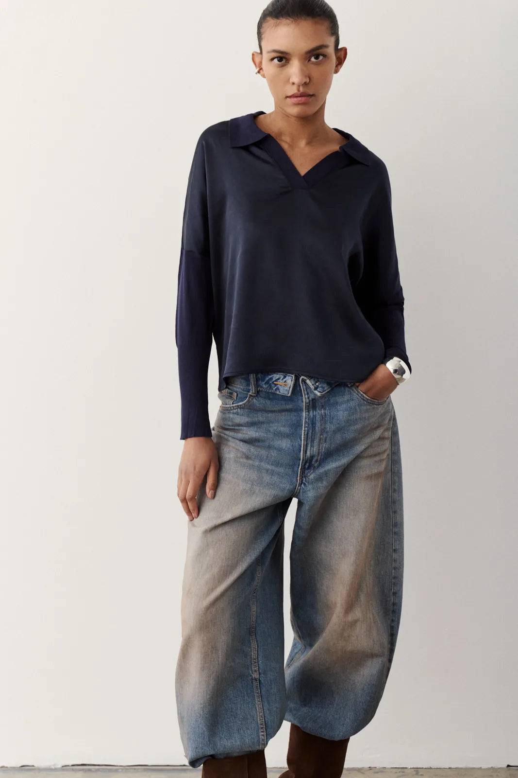 Melissa Nepton Tina dark navy collared long sleeve top with jeans
