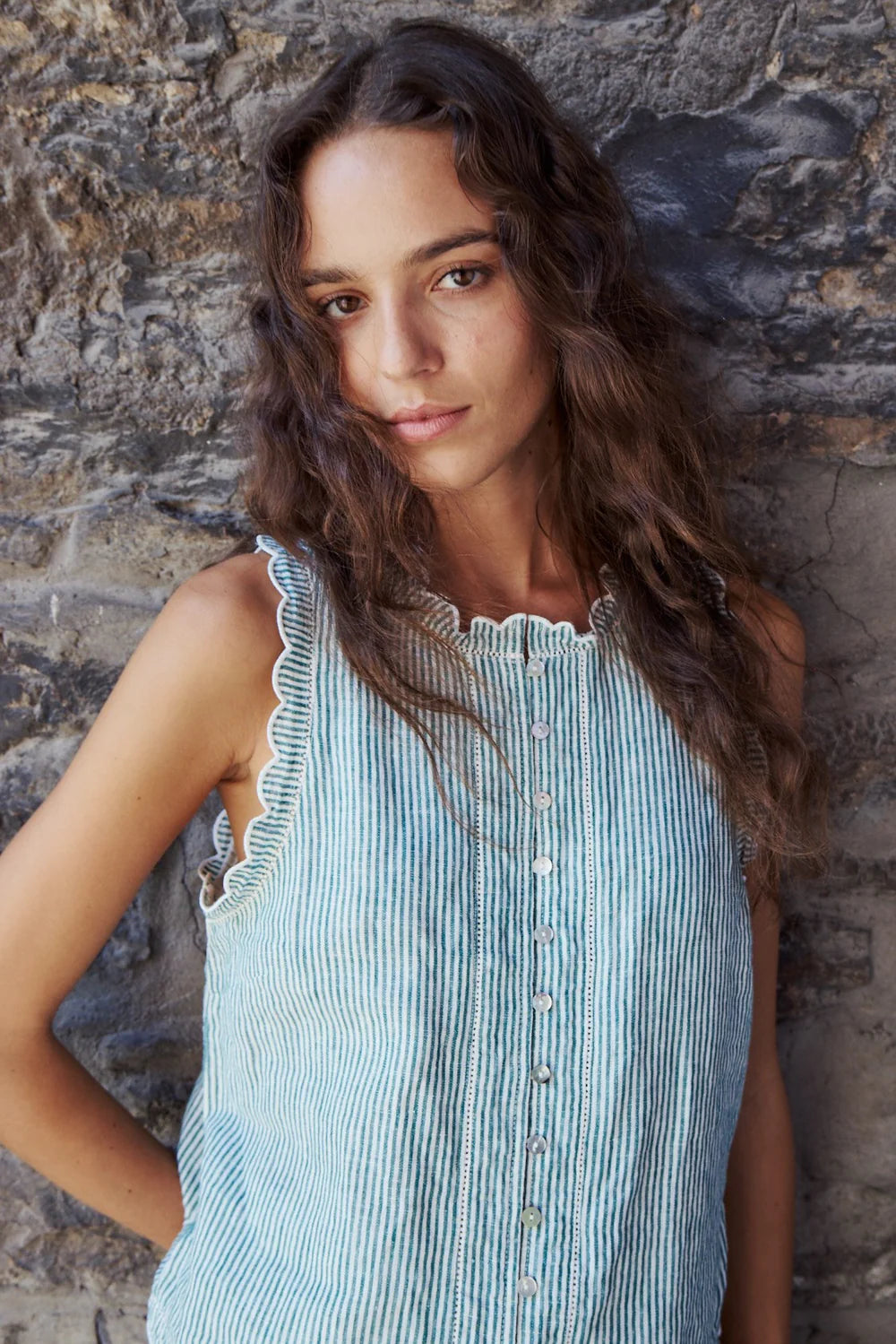 Melissa Nepton Zola Top Green Stripe Crochet Trim