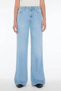 Front view of Modern Dojo Trouser Jean by 7 For All Mankind, women's wide leg denim in Trendsetter blue wash, showcasing subtle flare available at Lemonberry in Aurora.