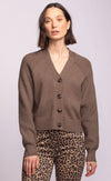 Model wearing the Lemonberry Monterey Sweater in neutral taupe, button-front cardigan with cropped fit and ribbed hem.
