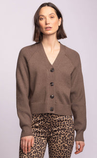 Model wearing the Lemonberry Monterey Sweater in neutral taupe, button-front cardigan with cropped fit and ribbed hem.
