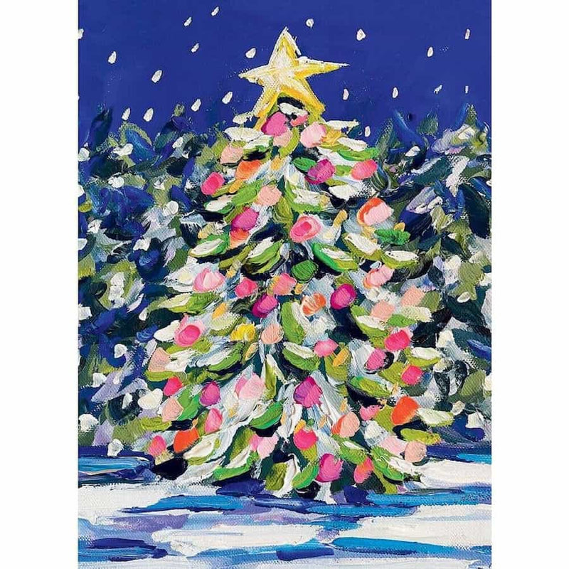 painted christmas tree card with star and snow under moonlit night sky — Lemonberry Aurora display