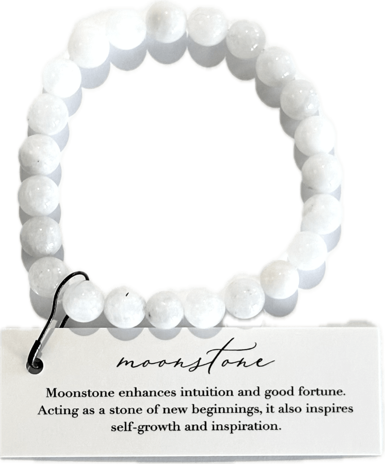 White beaded bracelet on a card with moonstone information