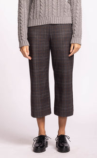 Nadia Pant by Pink Martini in orange plaid pattern, cropped length, styled with sweater