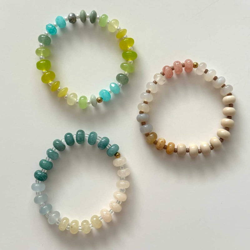 Namaste Jewellery Dania Bracelet colour options including Lagoon Drift Pearl and Soft Blush beaded stretch bracelets