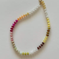 Namaste Jewellery Dania Sunset Pop necklace with pastel stone beads in pink, cream, yellow, and earthy tones on white background - Lemonberry Aurora