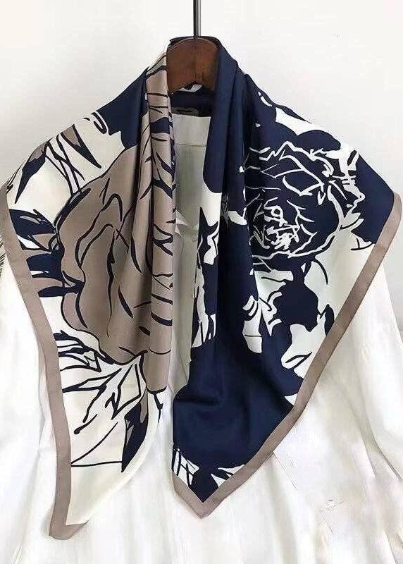 Navy beige and white floral square scarf draped styling view Lemonberry Aurora