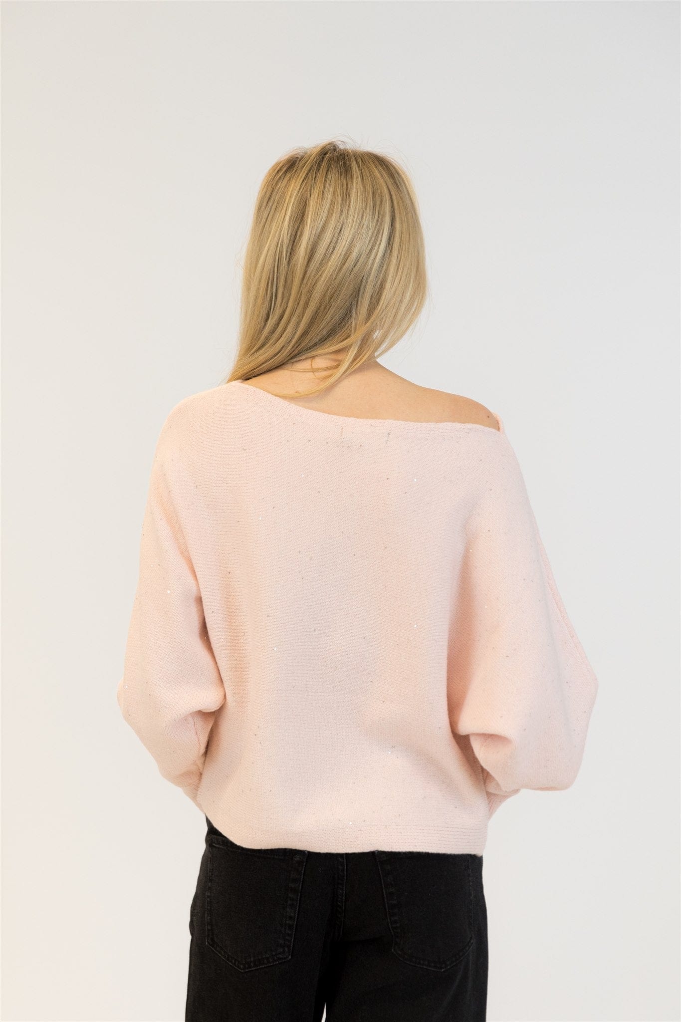 Back view of pale pink sequin knit sweater with subtle sparkle detail and loose fit.