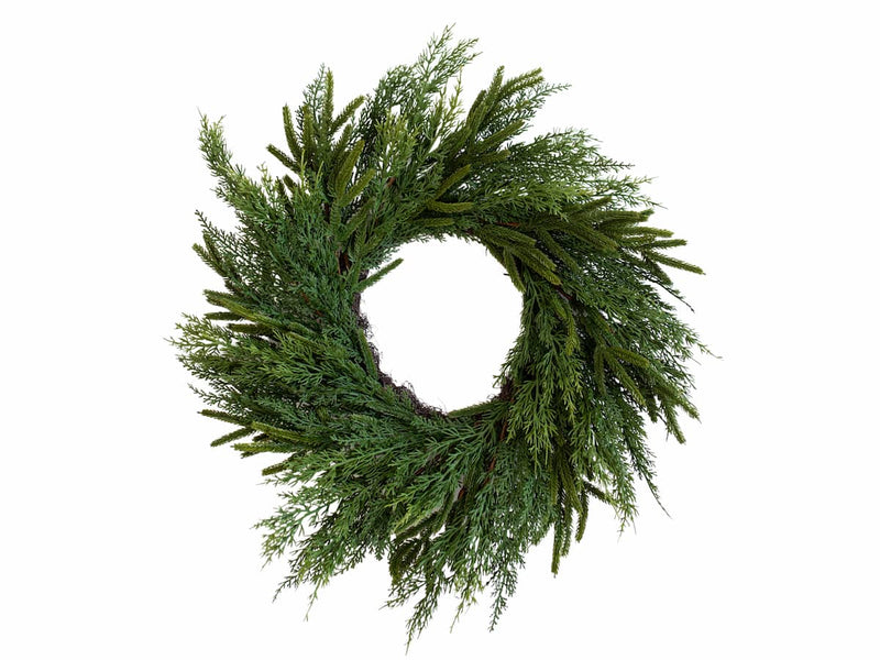 Full view Norfolk and Cypress faux wreath 24 inch — Luxe B Co, Lemonberry Aurora front display