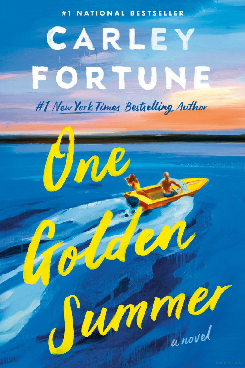 Main: One Golden Summer by Carley Fortune – Lemonberry Book Club pick, vibrant yellow boat cover, displayed at Lemonberry in Aurora, ON