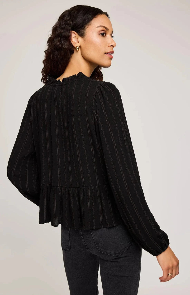 Back view of Gentle Fawn Ophelia blouse in black with embroidered stripe – Lemonberry