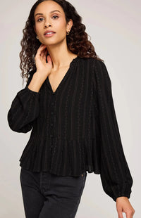 Gentle Fawn Ophelia blouse in black, button-front detail, styled with jeans – Lemonberry Aurora