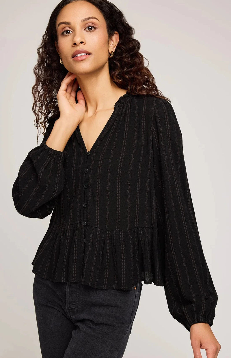Gentle Fawn Ophelia blouse in black, button-front detail, styled with jeans – Lemonberry Aurora