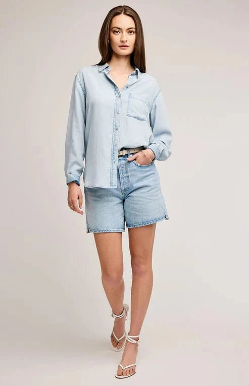 Gentle Fawn Ozzy Shirt worn buttoned and paired with denim shorts, available at Lemonberry in Aurora, Ontario