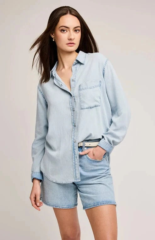 Ozzy Button Down Shirt by Gentle Fawn in soft tencel, front view buttoned up, available at Lemonberry in Aurora