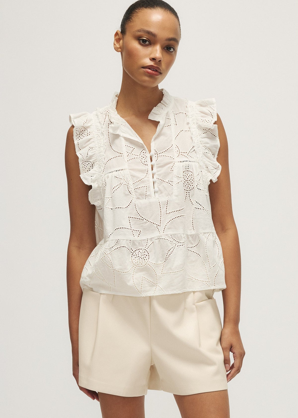 Front view of Paloma Blouse by Melissa Nepton, floral eyelet top available at Lemonberry in Aurora, Ontario