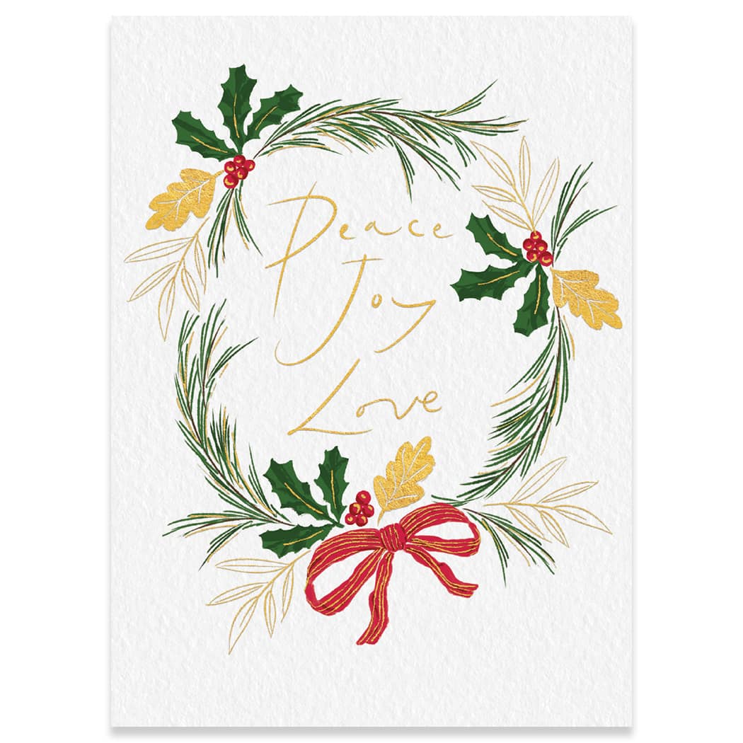 holiday card with gold-foil holly wreath design reading peace joy love — Lemonberry Aurora holiday stationery