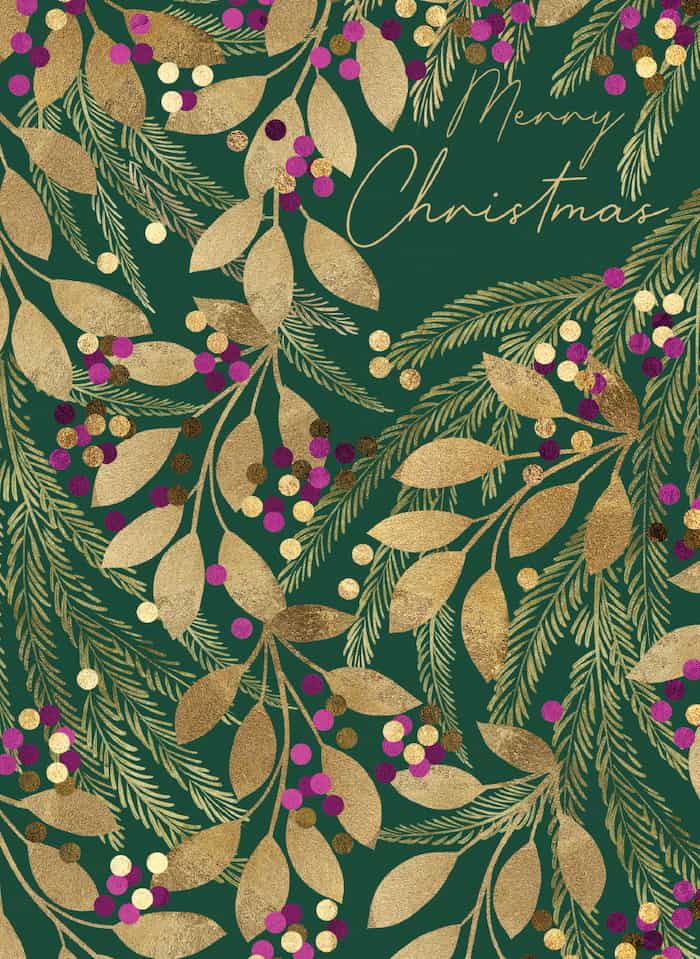 Green Christmas card with gold foil leaves and pink berries design — Lemonberry Aurora flat lay