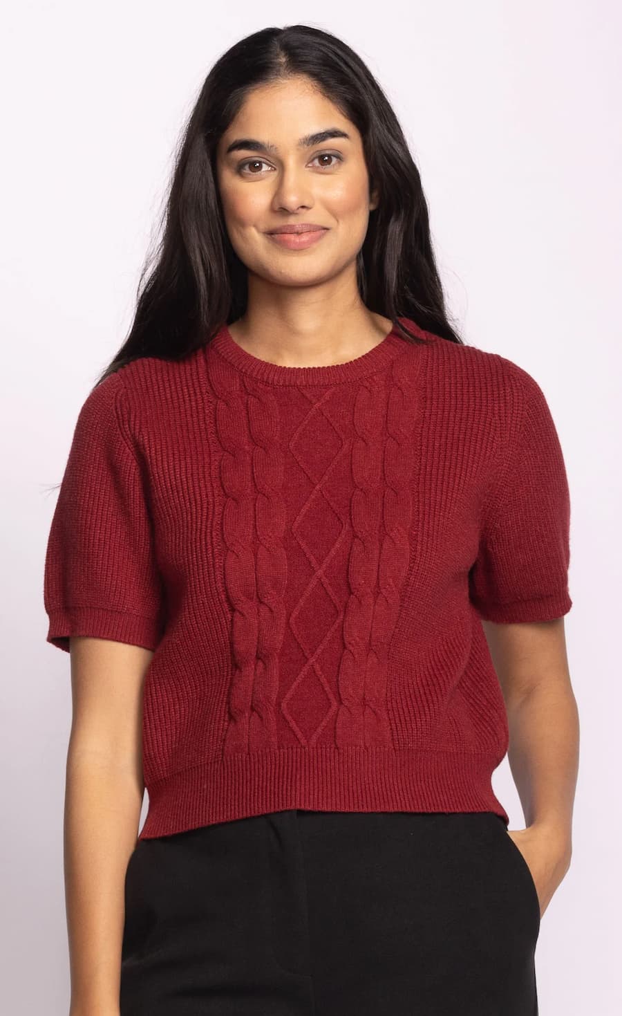 Burgundy short sleeve knit sweater with cable detail, Pink Martini — Lemonberry Aurora