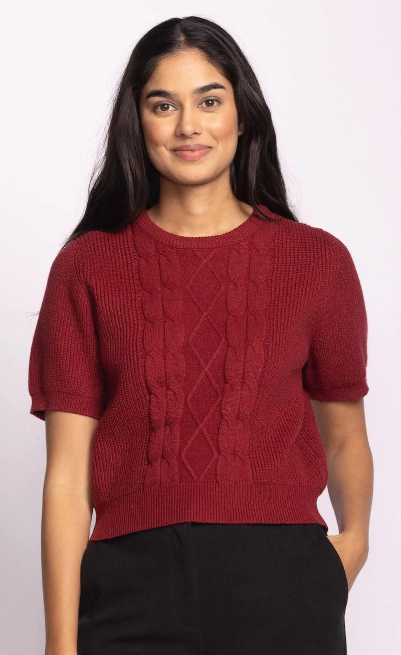 Burgundy short sleeve knit sweater with cable detail, Pink Martini — Lemonberry Aurora
