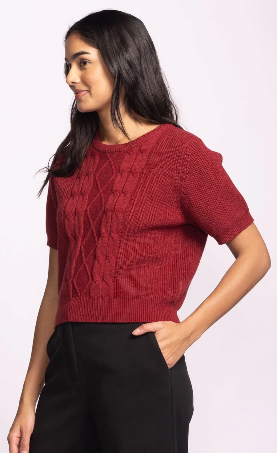 Burgundy knit short sleeve sweater side view, Pink Martini — Lemonberry Aurora