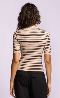 Back view of Pink Martini Acama beige striped short sleeve rib knit sweater.