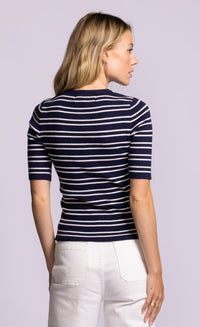 Back view of Pink Martini Acama navy and white striped rib knit short sleeve sweater.