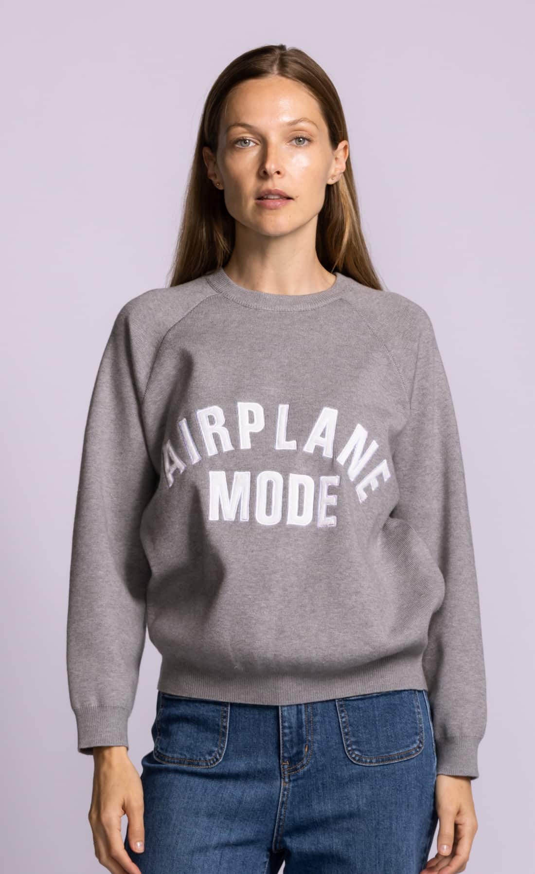 Pink Martini Airplane Mode III sweater grey relaxed fit knit with raised applique lettering angled view Lemonberry Aurora