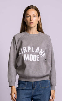Pink Martini Airplane Mode III sweater grey lightweight crewneck knit with white applique lettering front view Lemonberry Aurora