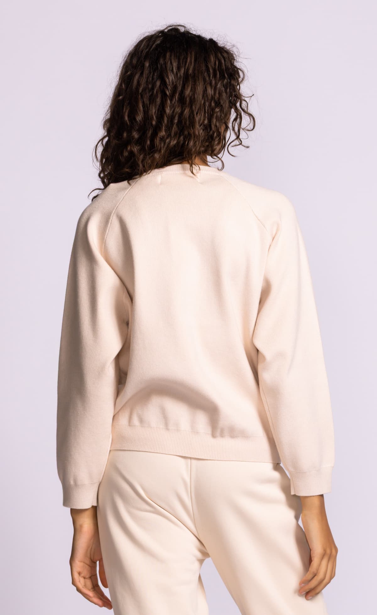 Pink Martini Airplane Mode III sweater pink raglan sleeve knit back view with ribbed trim Lemonberry Aurora