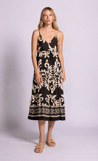 Pink Martini Archwood Dress in black floral print front view at Lemonberry Aurora