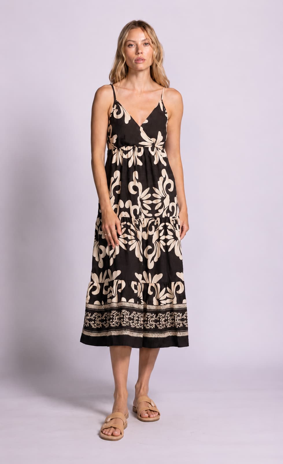 Pink Martini Archwood Dress in black floral print front view at Lemonberry Aurora