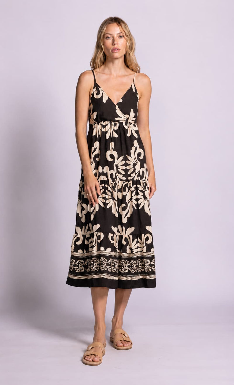 Pink Martini Archwood Dress in black floral print front view at Lemonberry Aurora
